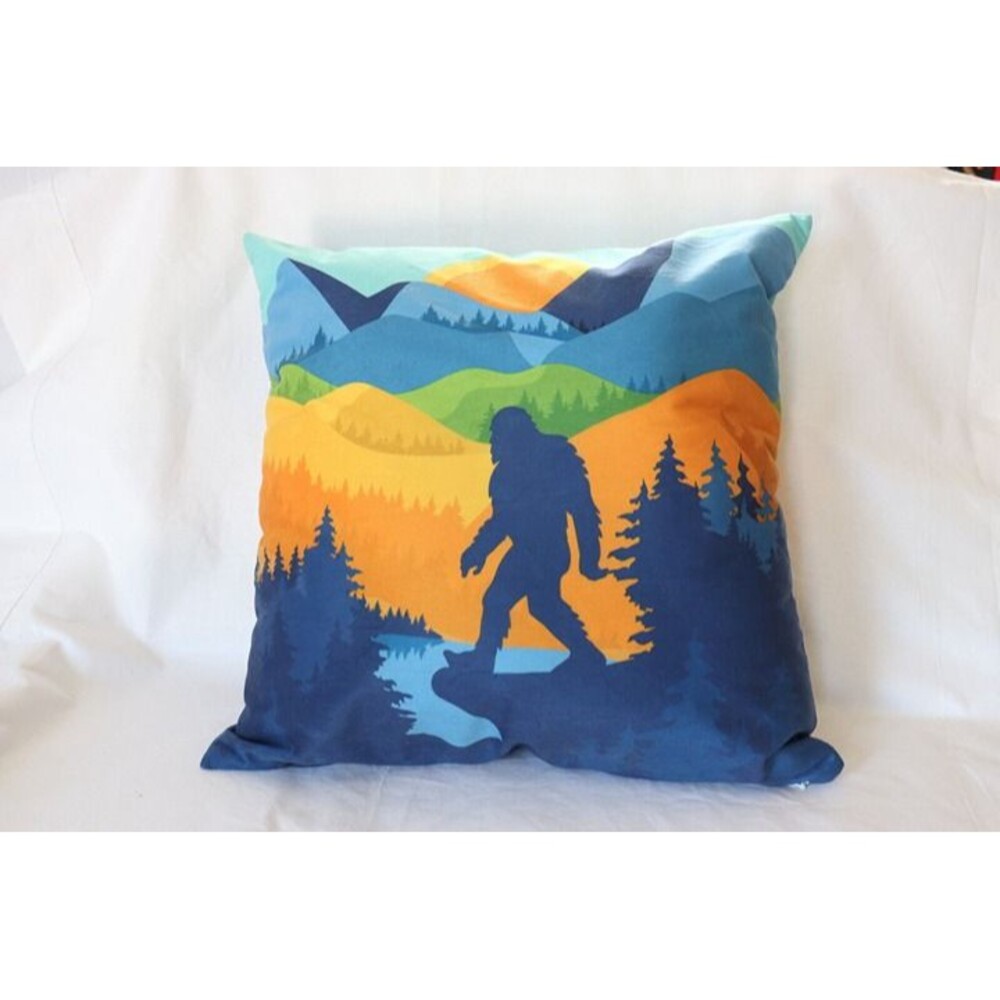 Bigfoot Throw Pillow 18" Sasquatch Sunset Scene Couch Bed woods forest mountains
